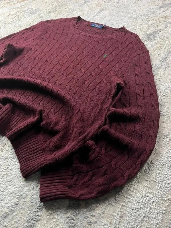 Suéter de lã com padrão de malha de cabo vermelho Bordeaux vintage Ralph Lauren tamanho G – photo 2